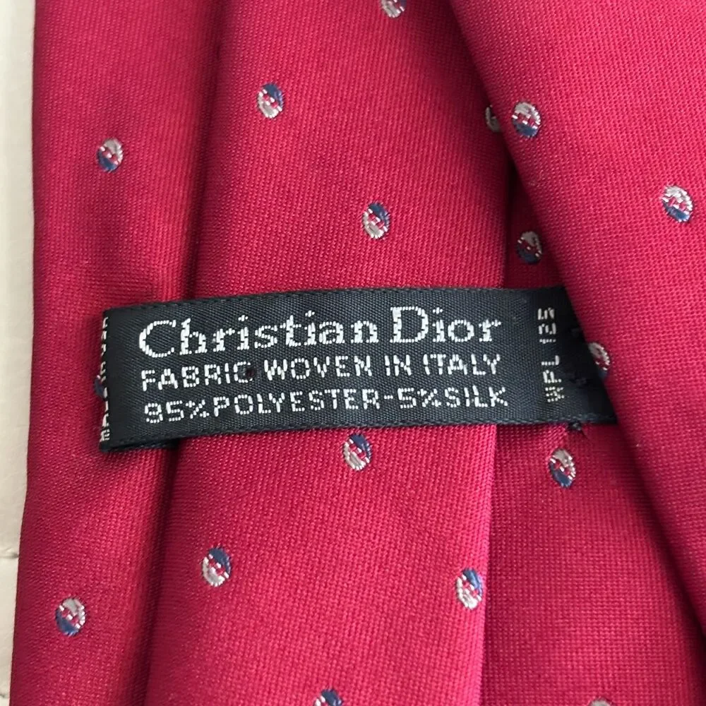 Vintage Christian Dior Men’s Tie Red Burgundy Micro Dot Silk Blend Italy